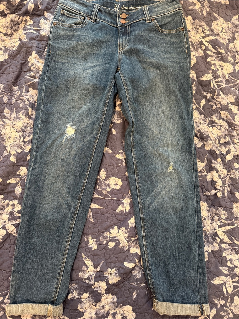 New York & Company Women's Slim Slouch Distressed Blue Jeans